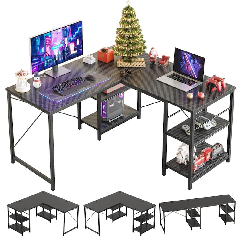 86.6 Inch L Shaped Desk Reversible Corner Office Computer Desk with Shelves - Carbon Fiber