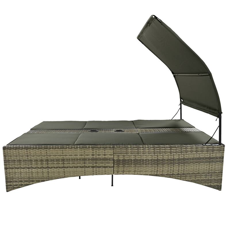 Outdoor Patio Rattan Daybed Sunbed with Canopy and Adjustable Backrest, Storage Box and 2 Cup Holders