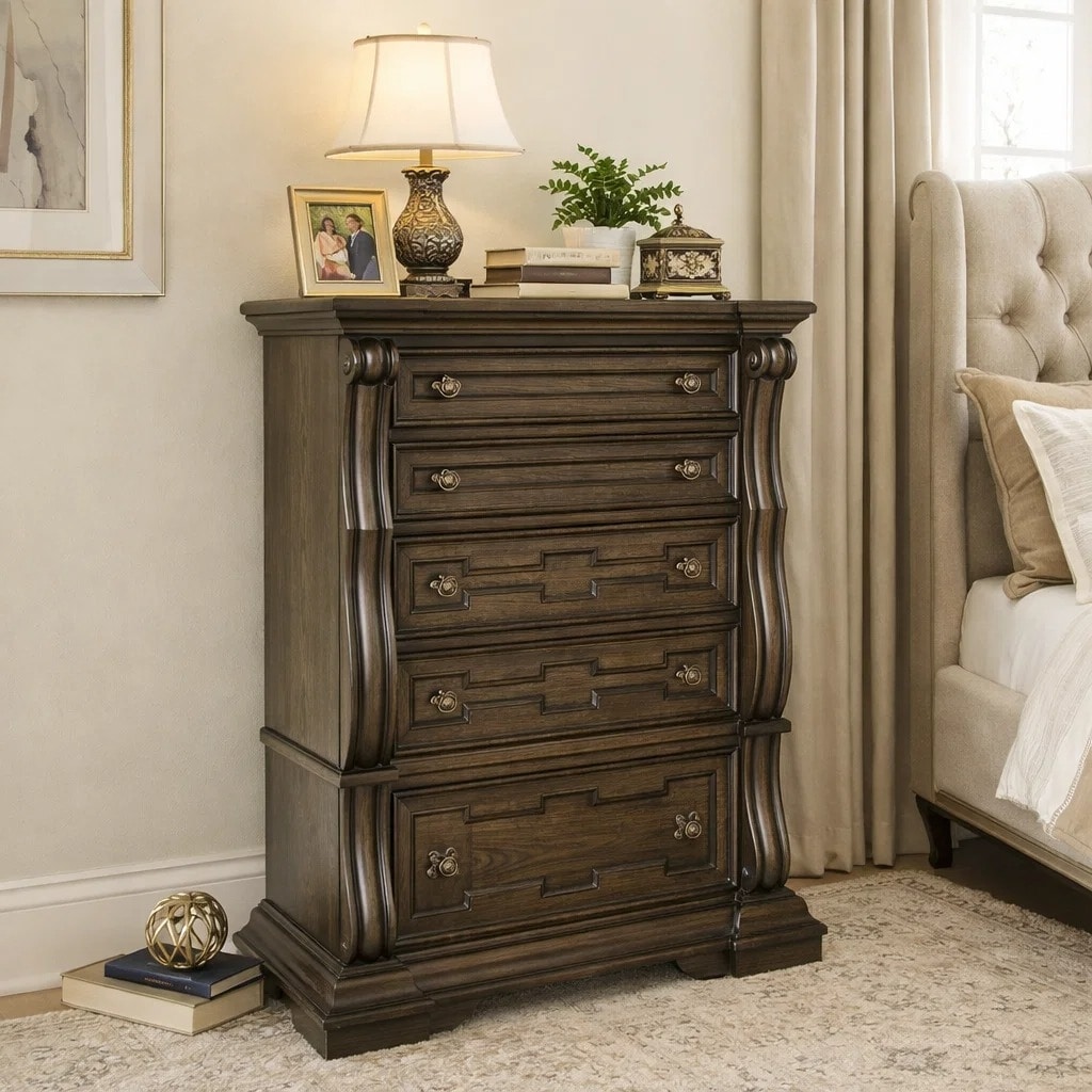 May Tall Dresser Chest, 5 Drawers With Antique Gold Knobs, Dark Brown Benjara
