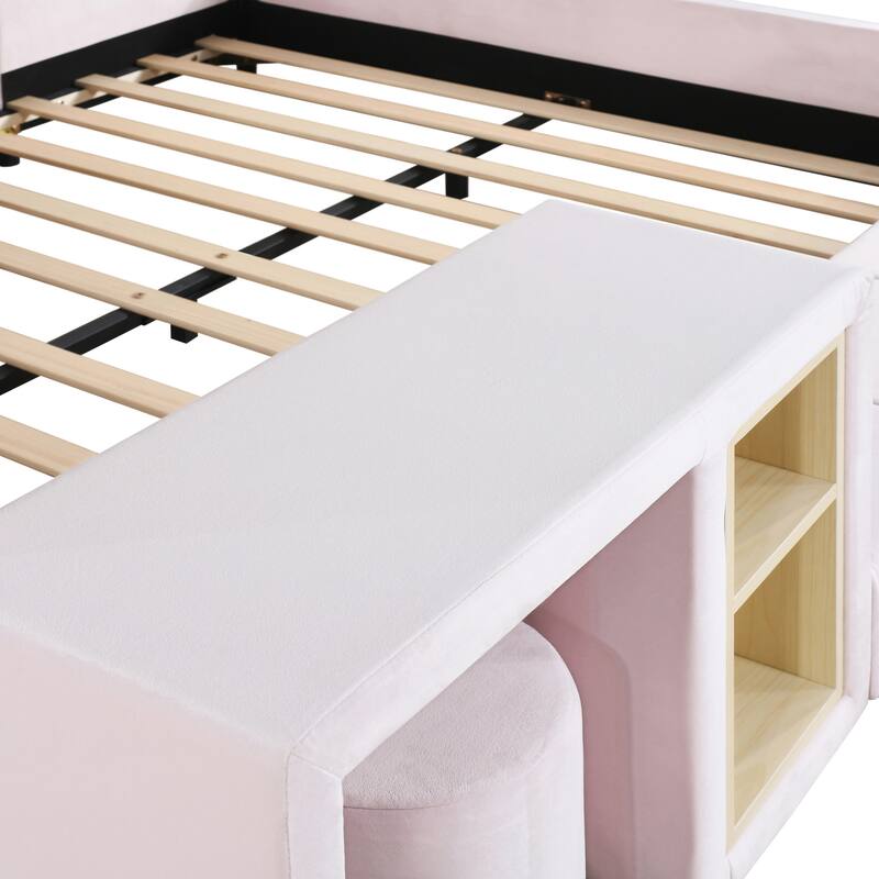 Velvet Upholstered Full Size Mother & Child Bed with Bedside Desk and Stool, Pink