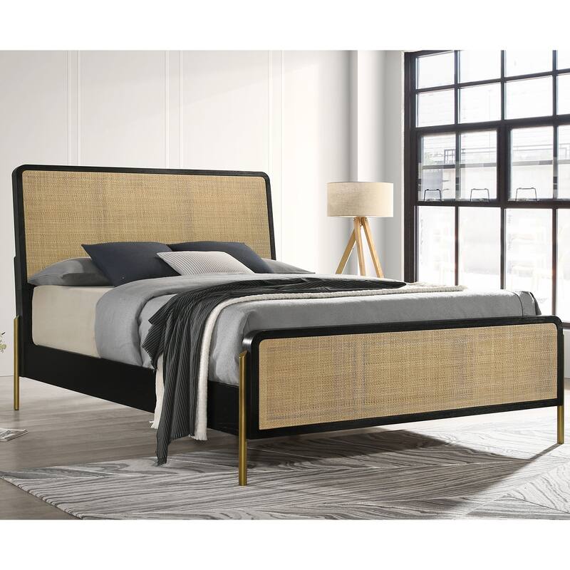 Woven Rattan Panel Bed with Metal Legs in Black and Natural