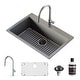 preview thumbnail 1 of 8, Karran QT-812 Top Mount 33 in. Large Single Bowl Quartz Kitchen Sink in Grey With Kitchen Faucet in Stainless Steel