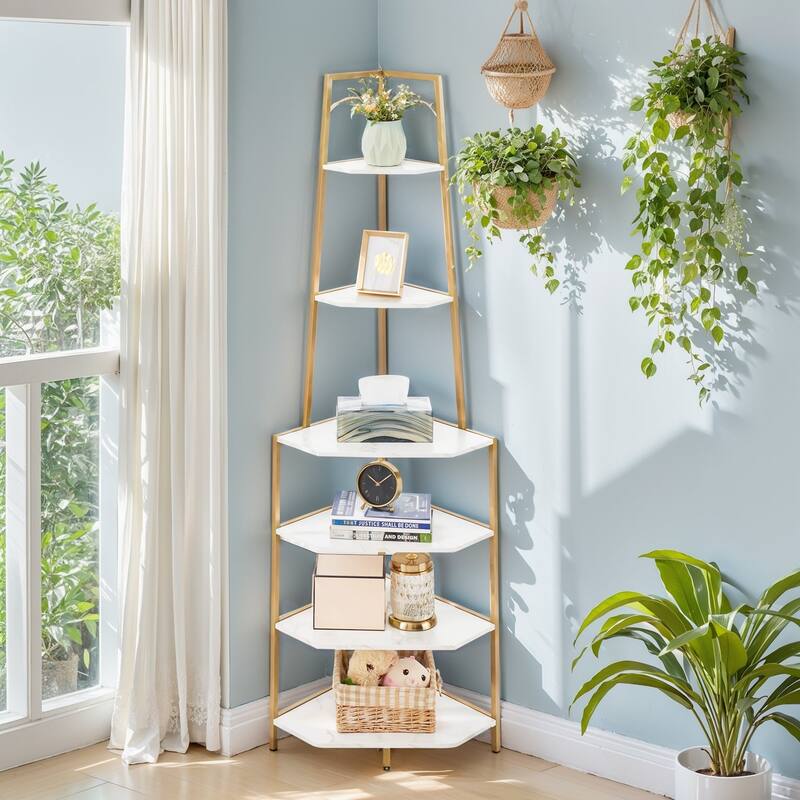 VECELO 6-Tier Corner Bookshelf 68.5" Open Shelves Space-Saving Multifunctional Storage for Living Room Kitchen Balcony - Gold