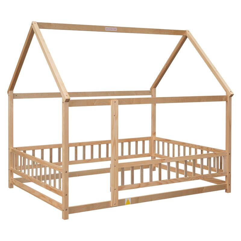 Full Size Wooden Floor Bed with House Roof Frame, Fence Guardrails for Kids, Bedroom