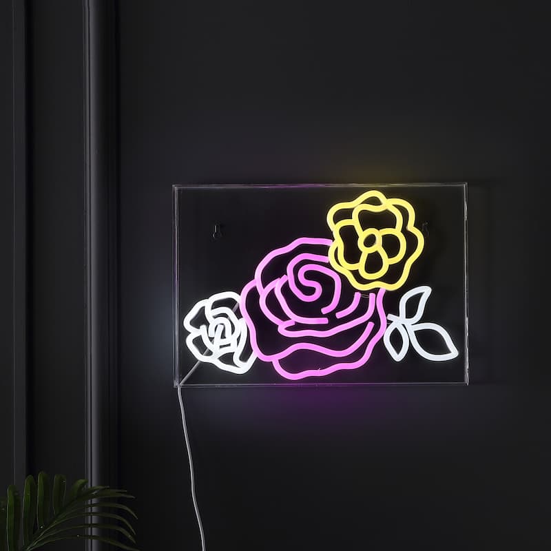 Crowd Of Roses 15" X 10.3" Contemporary Glam Acrylic Box USB Operated LED Neon Light, Pink/White/Yellow by JONATHAN Y