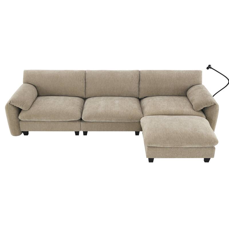 Striped Chenille Modular Sectional Sofa Set with Movable Ottoman, Phone Holder, Dual-Port Charging, 2 Side Storage Pockets