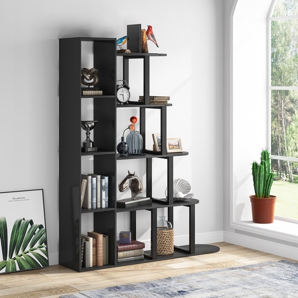 Tall Bookcase Bookshelf, 14 Open Shelves Corner Ladder Bookcase Wood ...