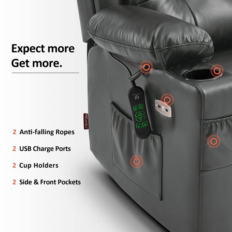 MCombo Lay Flat Dual Motor Power Lift Recliner Chair Sofa with Heat and Massage, Infinite Position, Faux Leather 7661