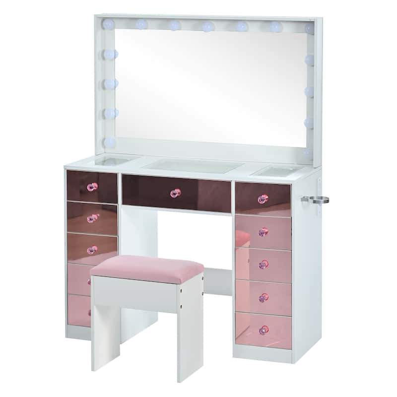 Makeup Vanity with 15 Hollywood Bulbs, 3 Color Lighting Modes Adjustable Brightness