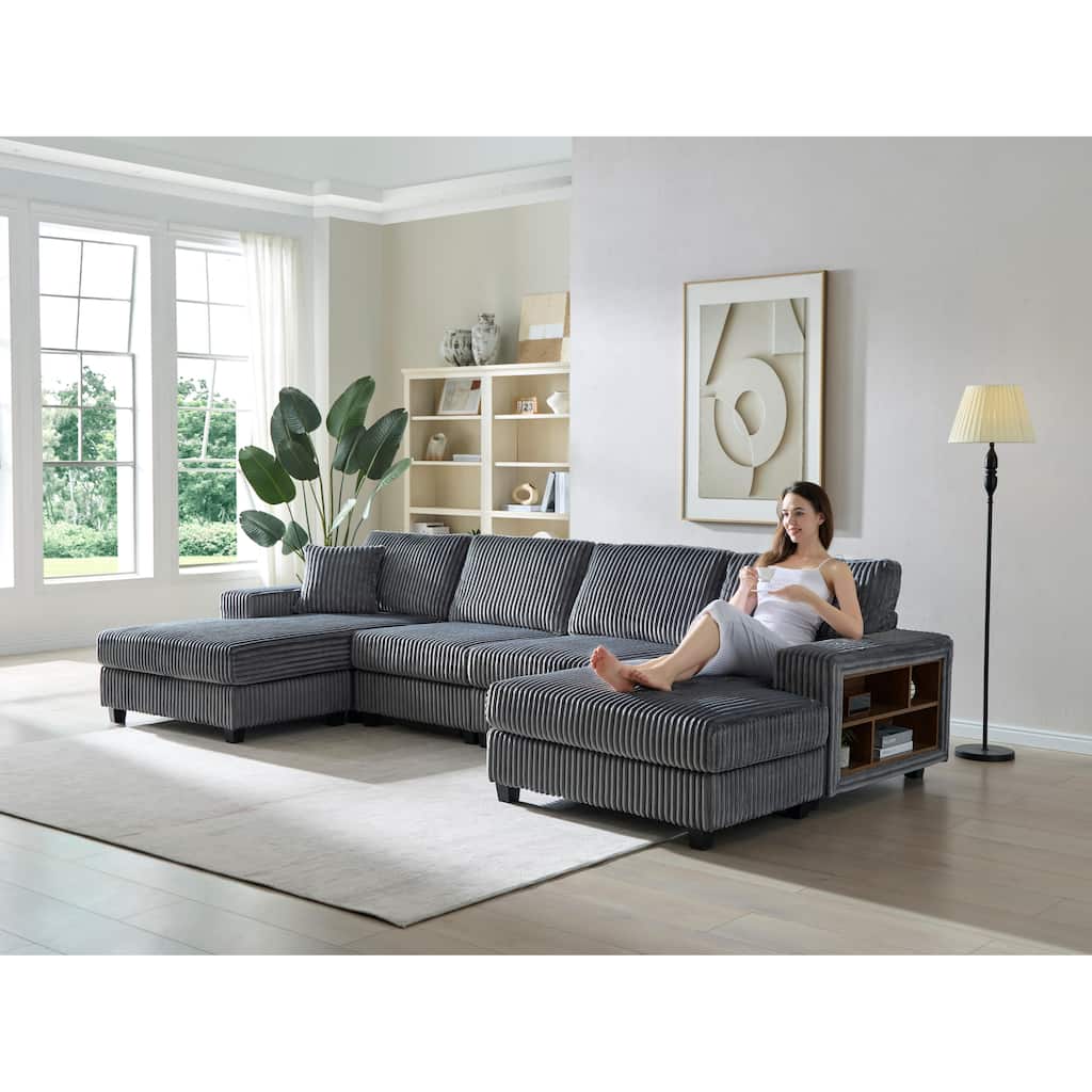 Modular Sectional Sofa with Dual Chaise Lounges, Corduroy Cloud Sofa with Armrest Storage Rack, Convertible 4-Seat Sleeper Sofa