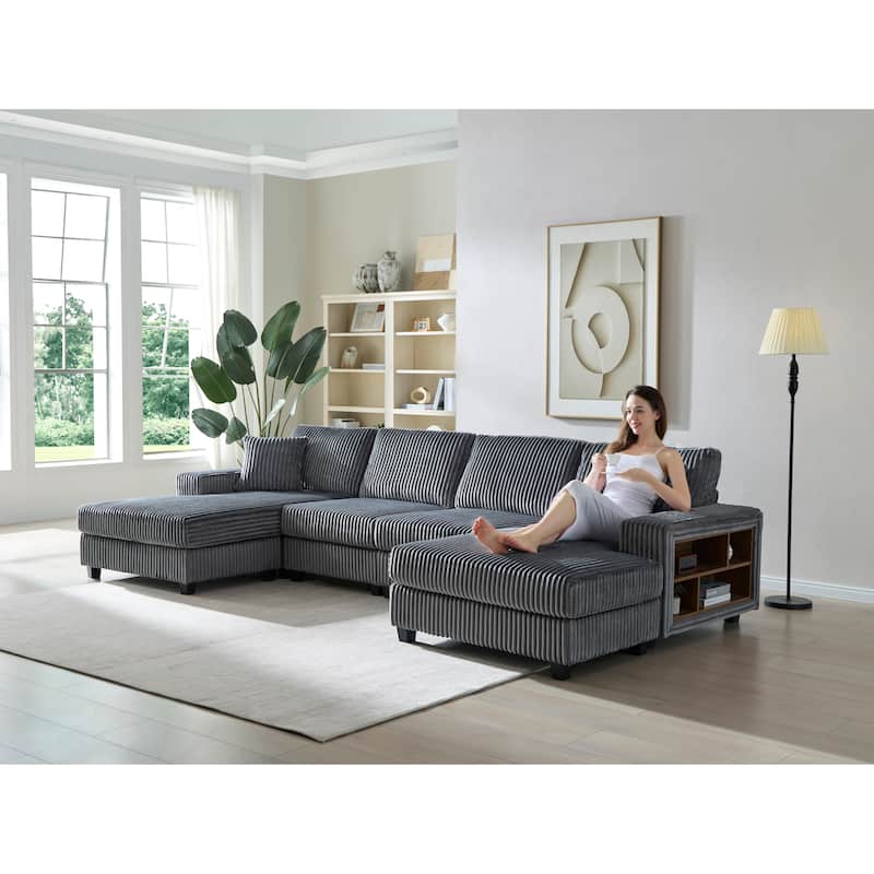 Modular Sectional Sofa with Dual Chaise Lounges, Corduroy Cloud Sofa with Armrest Storage Rack, Convertible 4-Seat Sleeper Sofa - Dark Gray