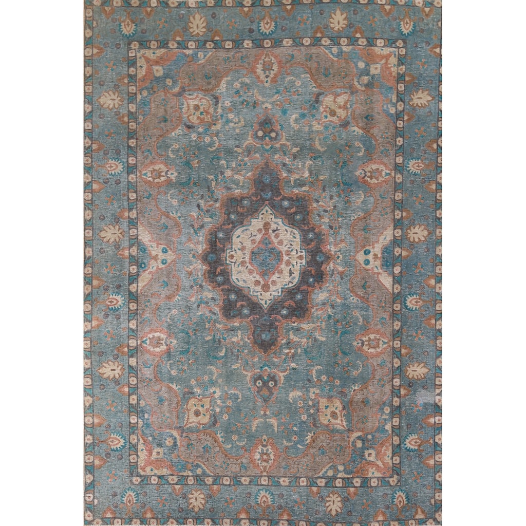 Distressed Blue Tabriz Persian Rug Handmade Wool Carpet - 8'1" x 10'11"
