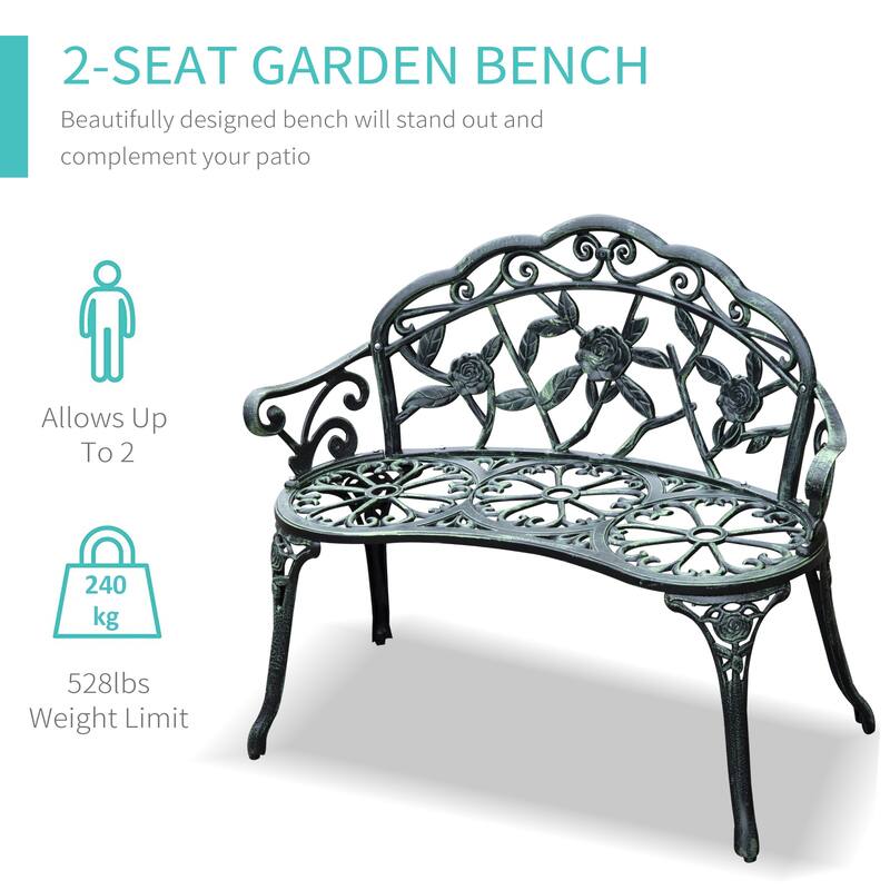 Outdoor Bench, Cast Aluminum Outdoor Furniture, Metal Bench With Floral Rose Accent & Antique Finish