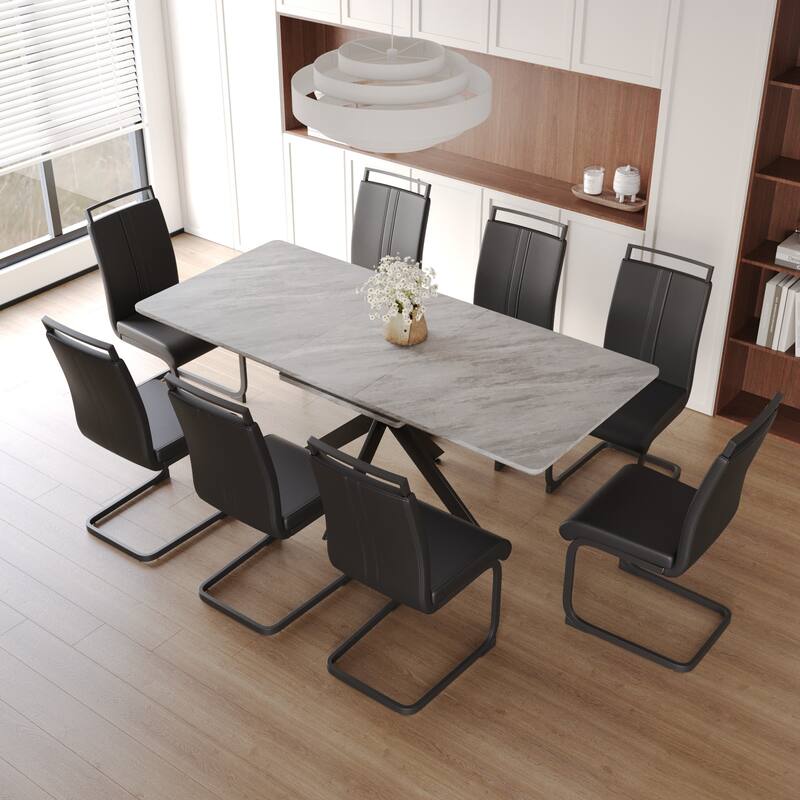 Modern Dining Set with Rectangular Extendable Table & C-shaped Tube Soft Padded Armless Chairs - 9-Piece Sets - Black+ Gray
