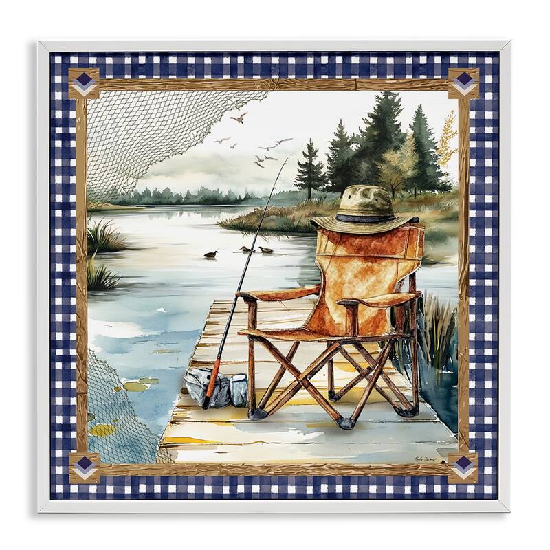 Stupell Fishing Chair on Dock Framed Giclee Art Design By Nicole DeCamp - 12 x 12 - White