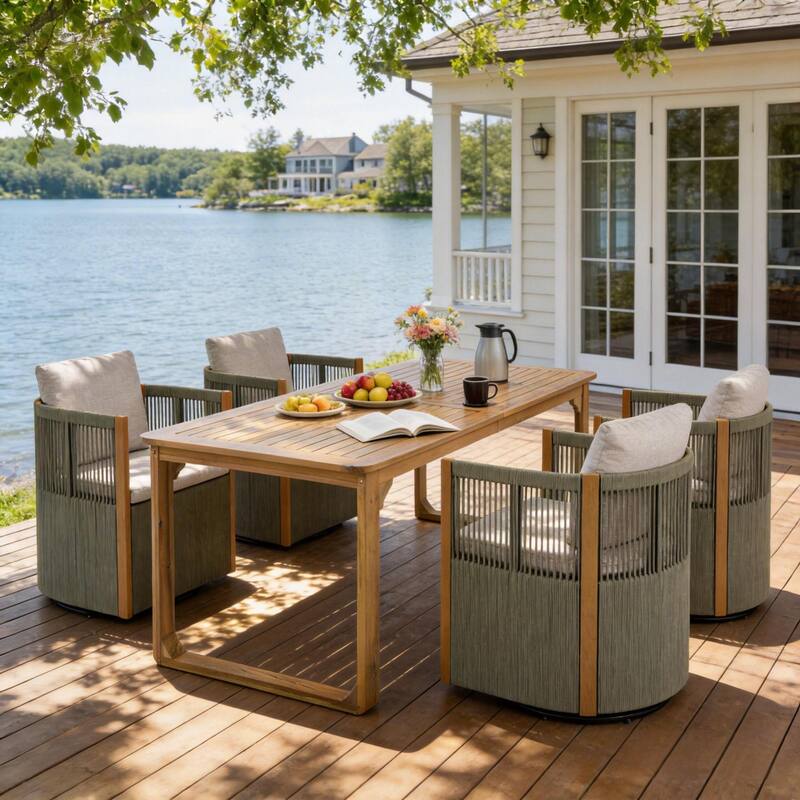 Christopher Knight Home - Ronan Outdoor Acacia Wood Dining Set with Swivel Rope Armchairs & Curved Leg Dining Table, Teak Finish