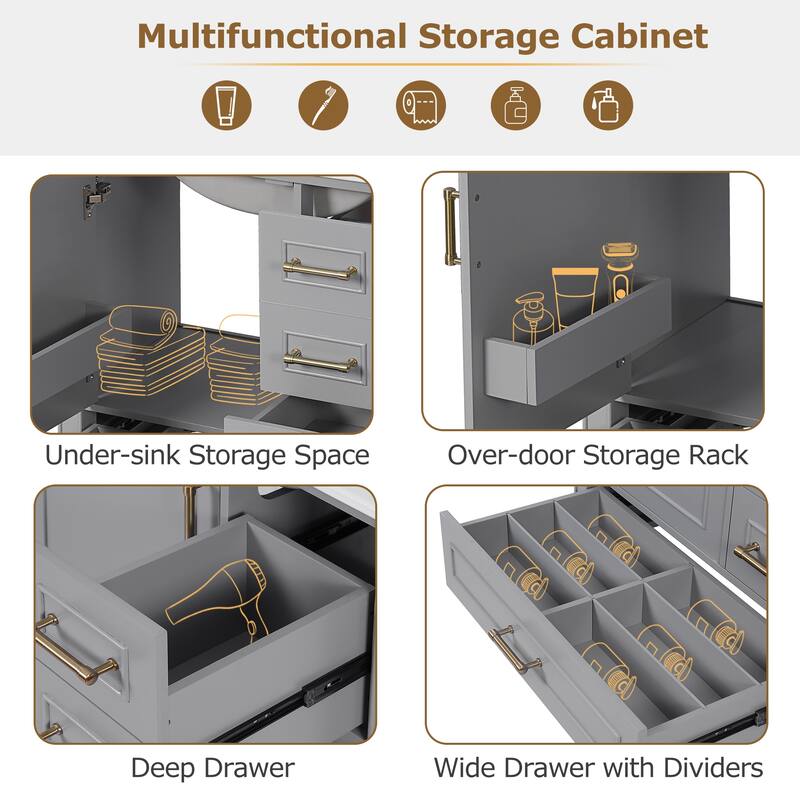 30" Bathroom Vanity with Ceramic Sink Combo, Soft-Close Door Bathroom Storage Cabinet with 3 Drawers