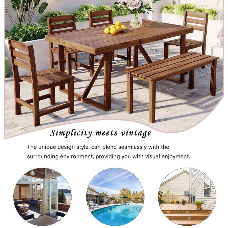 6-Piece Outdoor Patio Acacia Wood Dining Set with Rectangular Table, Benche, Chairs