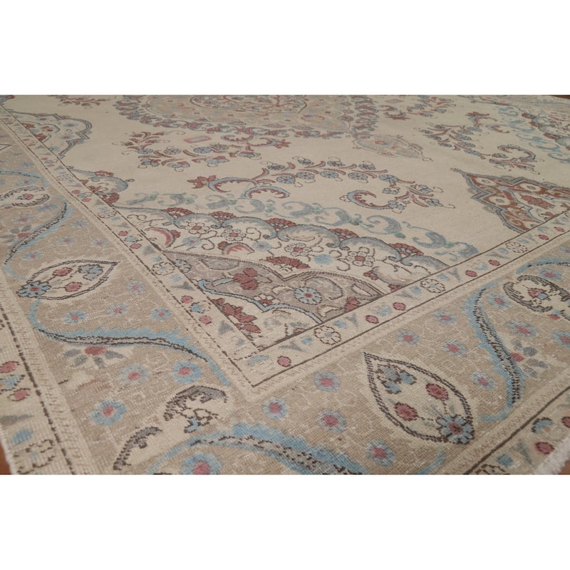 Medallion Tabriz Persian Rug Beige Hand-Knotted Wool Carpet - 9'6"x 13'3"