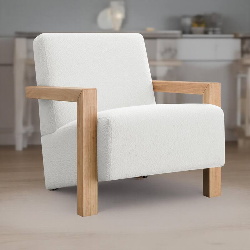 Fitz Accent Chair, Soft Ivory Boucle Cushions, Natural Brown Wood