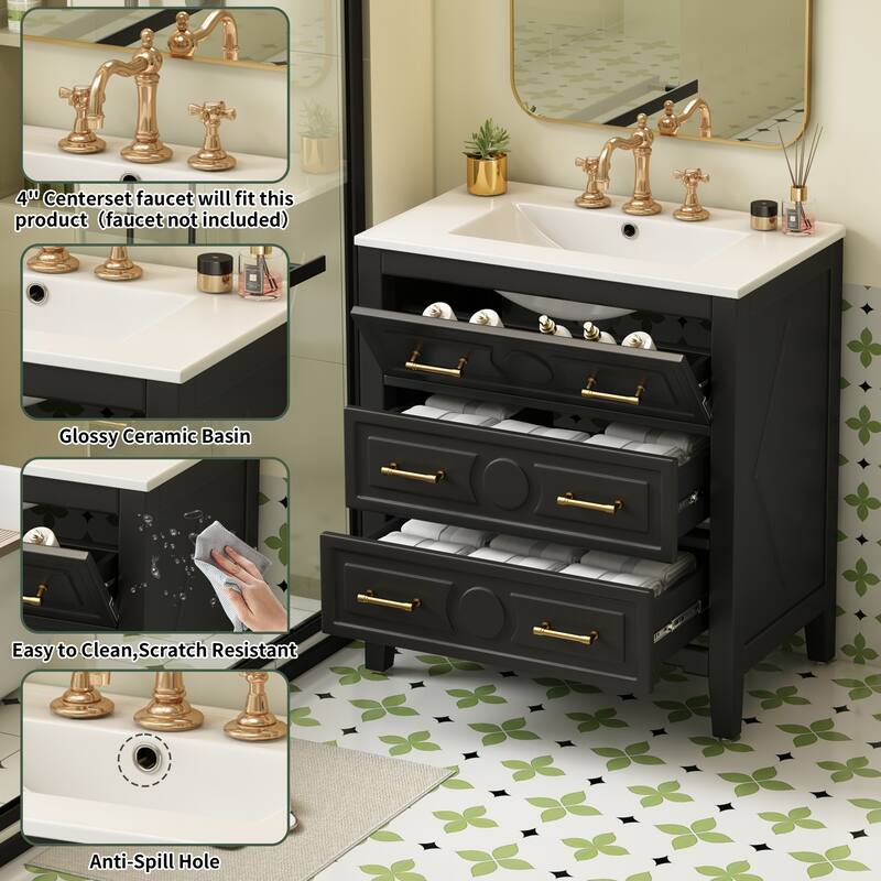 30" Bathroom Vanity with Ceramic Sink Combo, Freestanding Single Sink Bathroom Cabinet with 3 Drawers - Black - 30 Inch