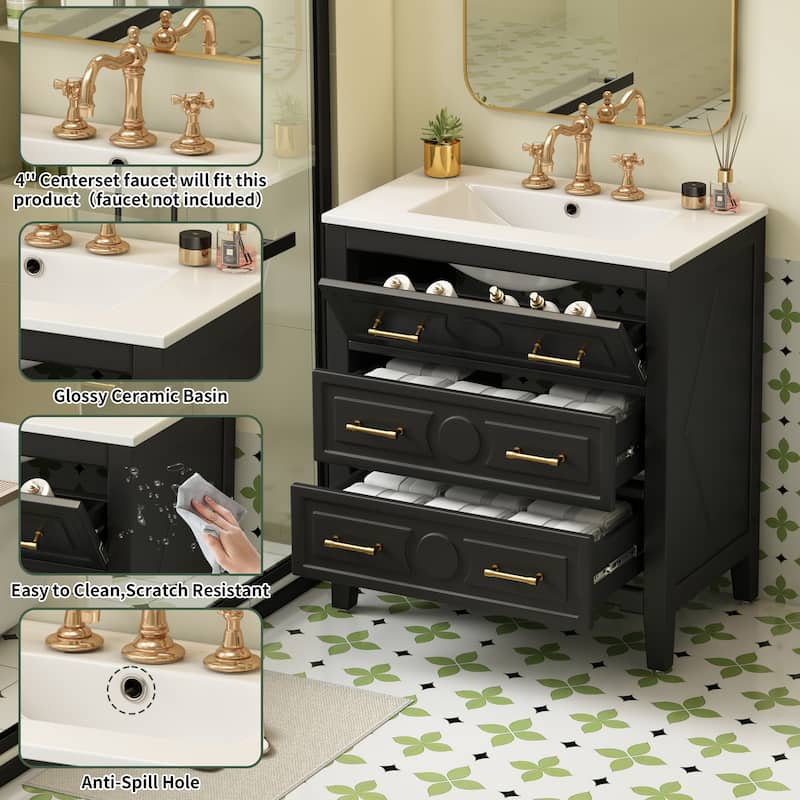 30" Freestanding Vanity - Solid Wood Frame, Ceramic Sink & 3 Drawers