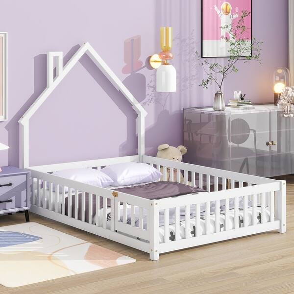 slide 2 of 9, Full Size House-Shaped Headboard Floor Bed with Fence Guardrails and Door, Features Pine Wood Construction