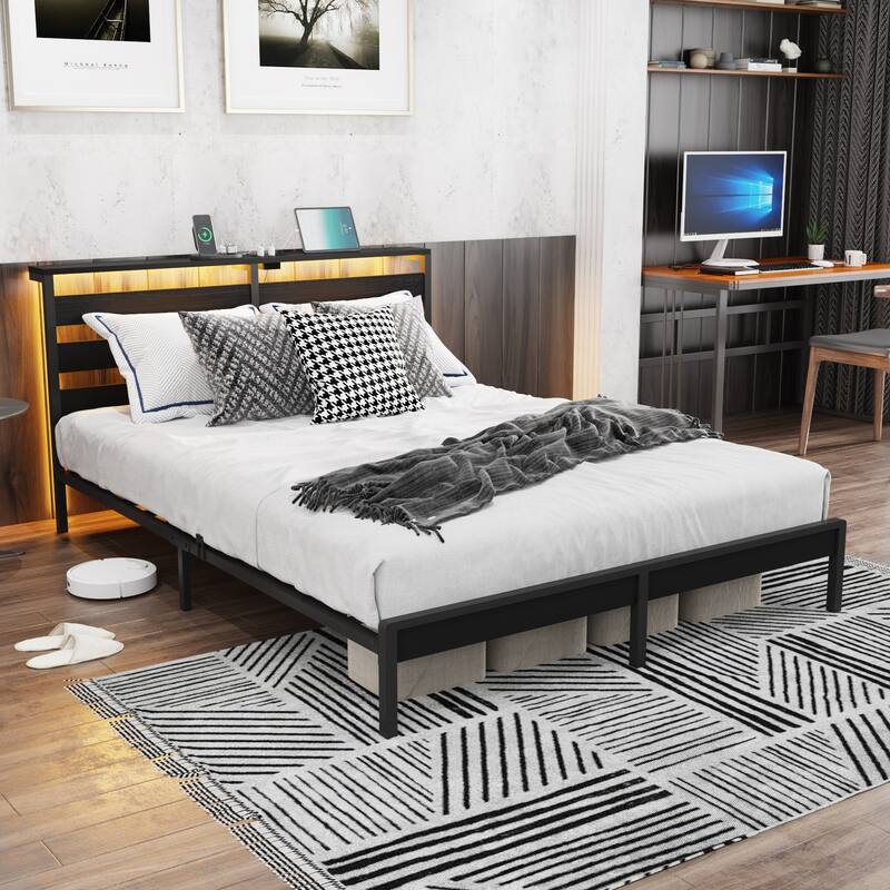 Full Metal Platform Bed with Wood Headboard/Footboard, USB & LED Lights, Under Bed Storage