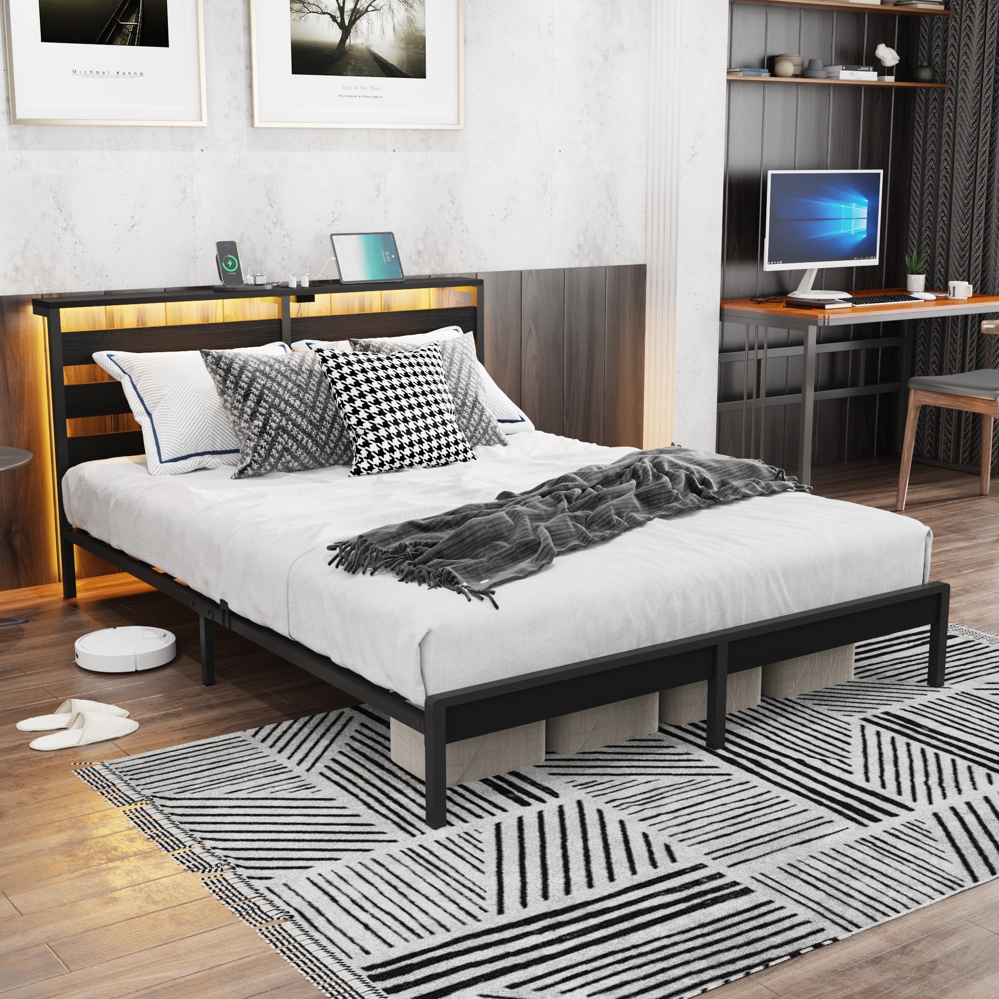 Full Size Metal Platform Bed Frame with Headboard and Footboard