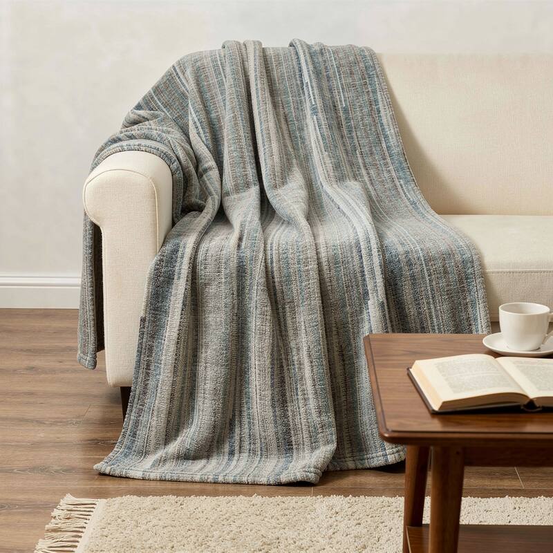 HomeRoots 50" X 70" Ivory And Blue Striped Microfiber Plush Throw Blanket - Throw - Blue/Ivory