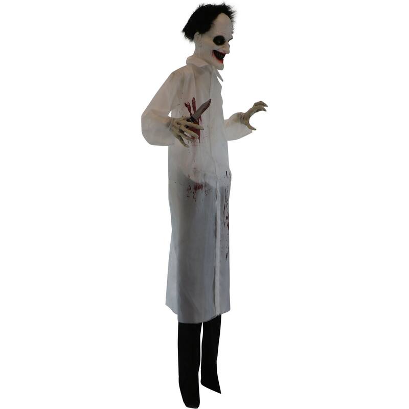 Haunted Hill Farm 5.75-Ft. Animatronic Doctor, Indoor/Covered Outdoor Halloween Decoration, Red LED Eyes, Laughing, Snips