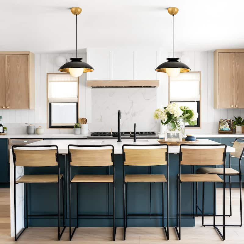 1-Light Modern Farmhouse White/ Black Dome Gold Leaf Wood Pendant with Opal Glass Globe