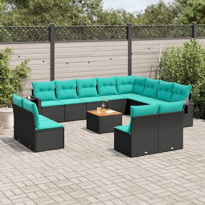 vidaXL 13 Piece Patio Sofa Set with Cushions Black Poly Rattan - 24.4 x 24.4 x 27.2