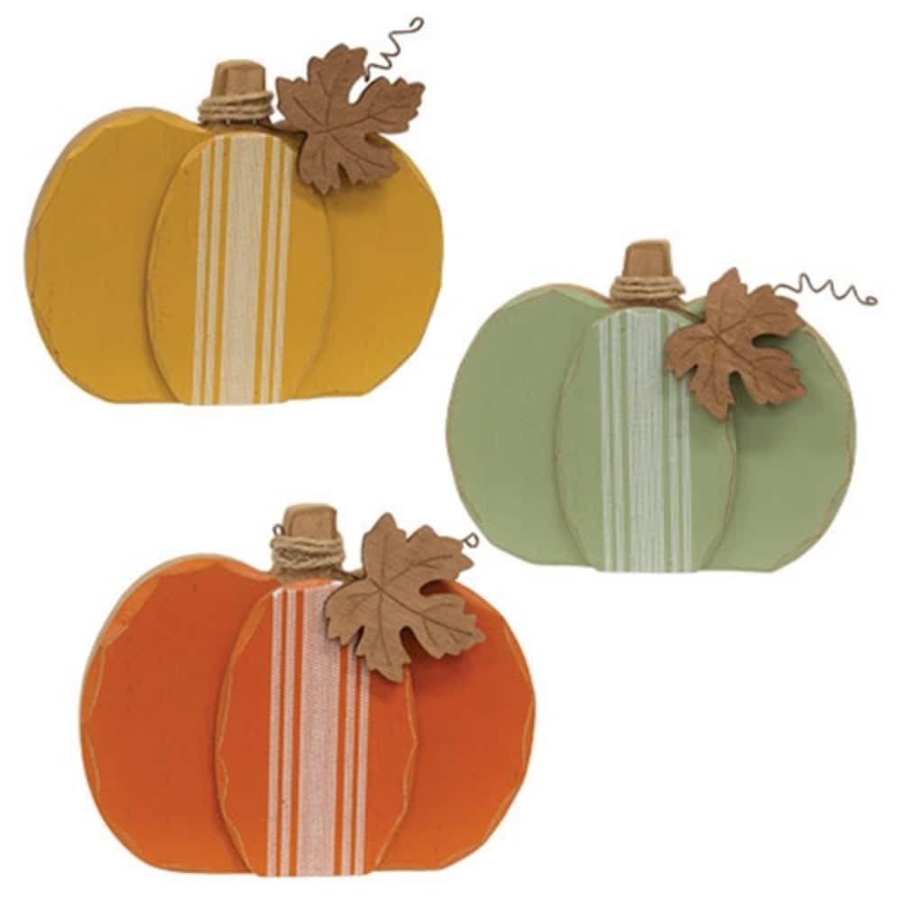 Distressed Chunky Wooden Feed Sack Stripe Pumpkins - 3 Asstd. - 7.25" x 1" x 6"