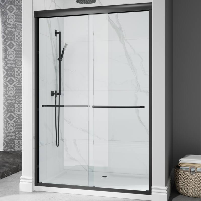 HOROW 44 to 48 Inch Wide 72 Inch High Double Sliding Semi Frameless Shower Door in Brushed Nickel with Clear Glass - Black