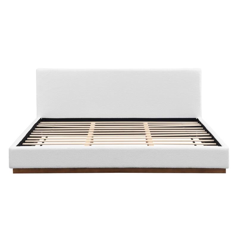 Elegant White Fabric Upholstered Bed with Solid Wood Base Frame, King/Queen Size