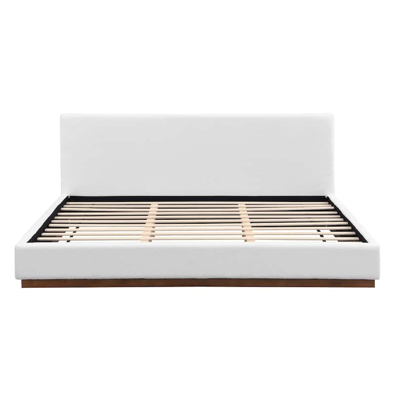 Queen / King Elegant White Fabric Upholstered Bed with Solid Wood Base