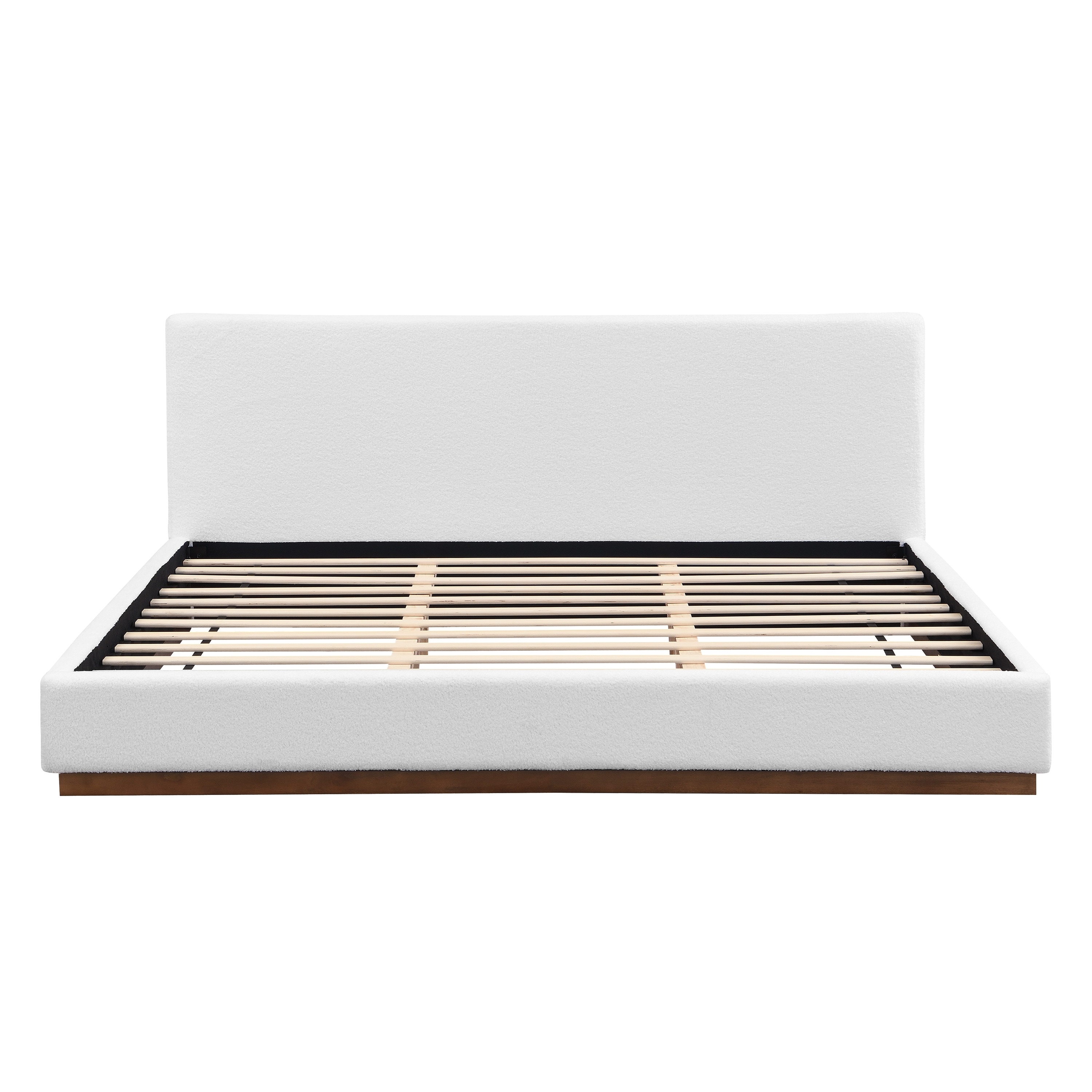 King Size Upholstered Bed White Fabric Wood Grain Textured Solid Wood Base Frame