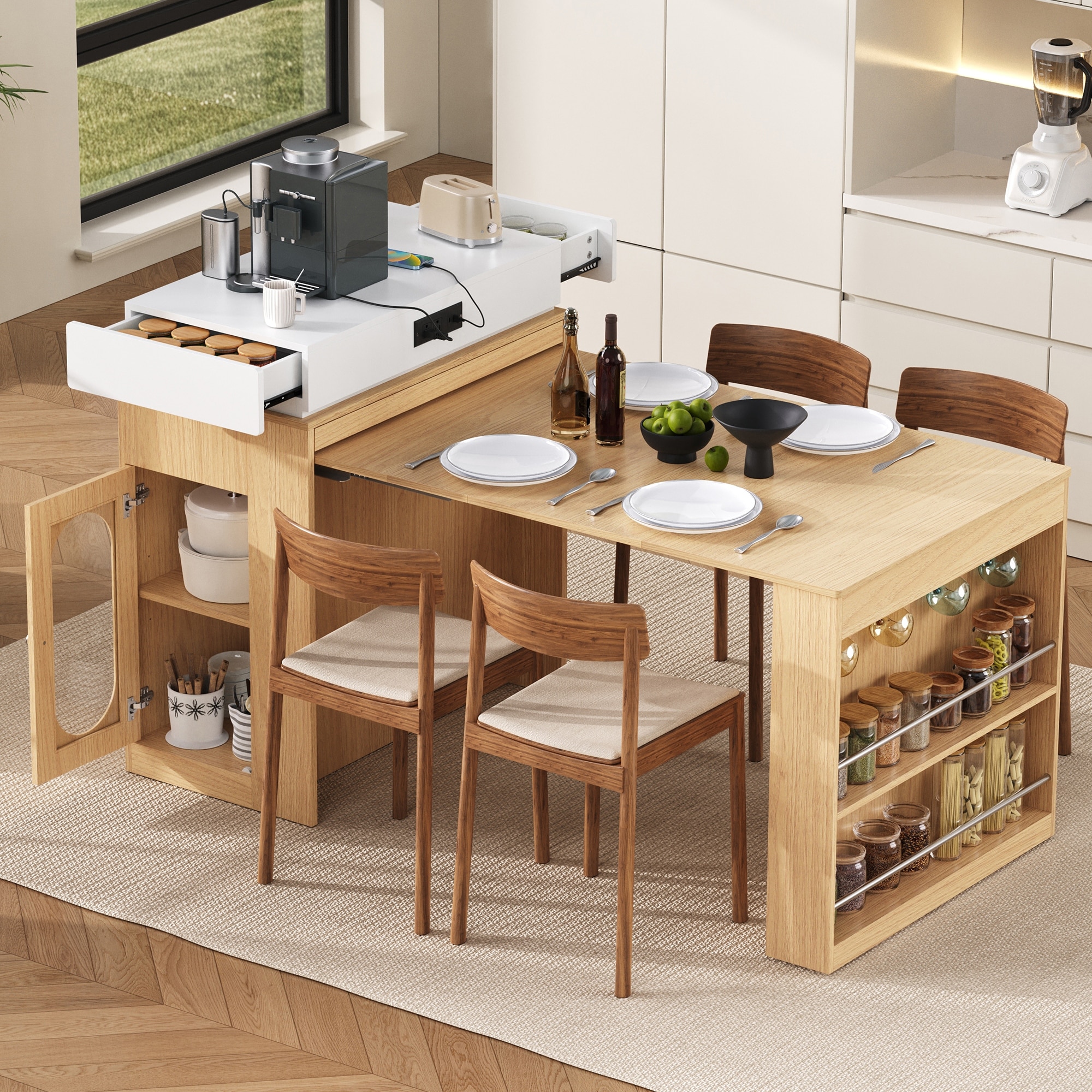 HOMYLIN Extendable Kitchen Island Table with Storage & Power