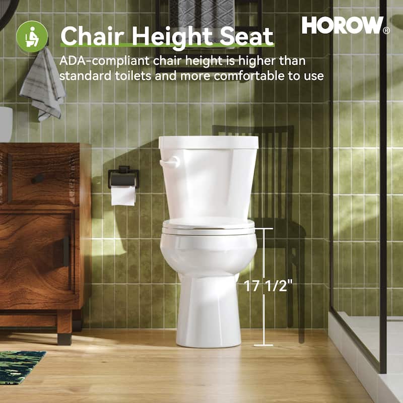 HOROW 2 Piece ADA Height Round Toilet White 1.28 GPF Strong Flush Quiet Soft Close Seat