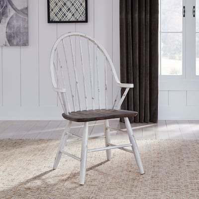 Farmhouse Two Tone White & Wood Windsor Back Arm Chair