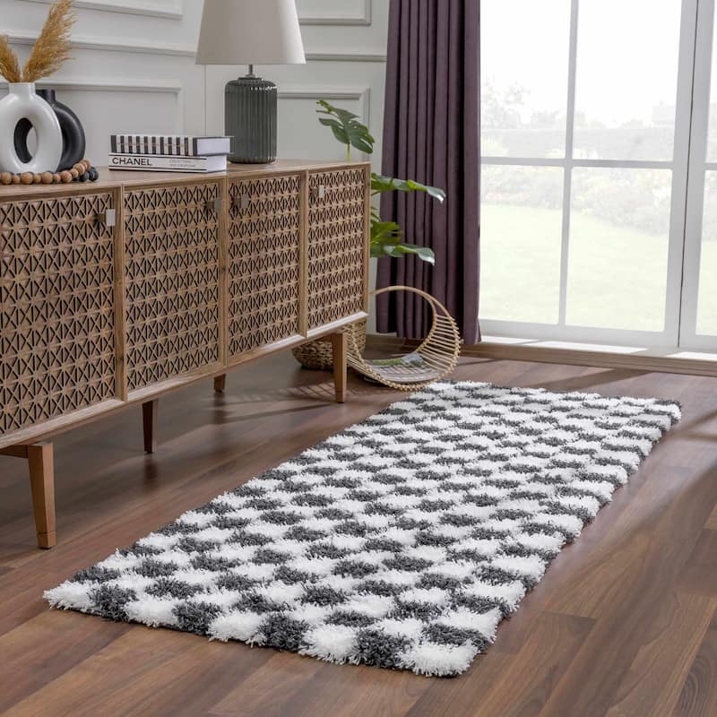 Hauteloom Atira Living Room, Bedroom Area Rug - Contemporary - Plush Pile - Light Gray,Cream - 7'10" x 10'3" - 2'7" x 7'3" - White, Black / Atira