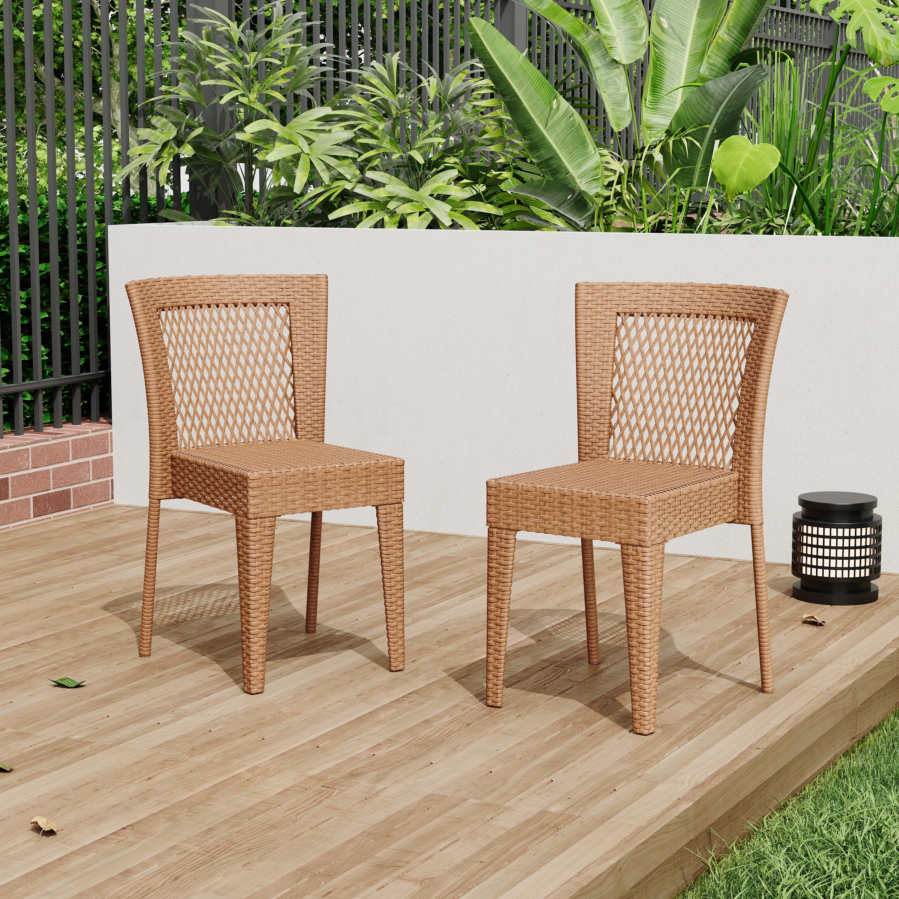 Roomfitters Set of 2 Stackable Outdoor Dining Chairs, Diamond-Mesh PE Wicker with Iron Frame