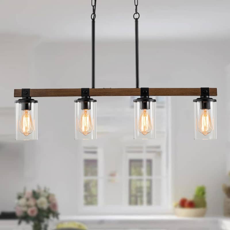 Starsky 4-Light Modern Farmhouse Cluster Chandelier Linear Kitchen Island Light with Cylindrical Glass Shade - Black