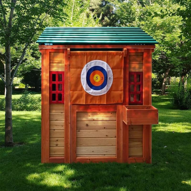 Outdoor Playhouse for Kids Pretend Play Wooden Game House with Canopy Working Door Windows
