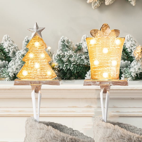 slide 2 of 46, Glitzhome 7.5" H Christmas Silver LED Tree Star Gift Box Heavy Duty Stocking Holders Mantel Ornament