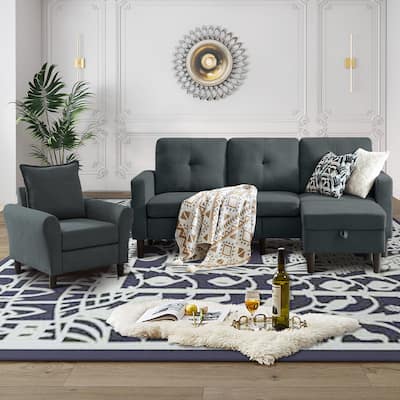 3 Pieces Living Room Set with Storage Ottoman