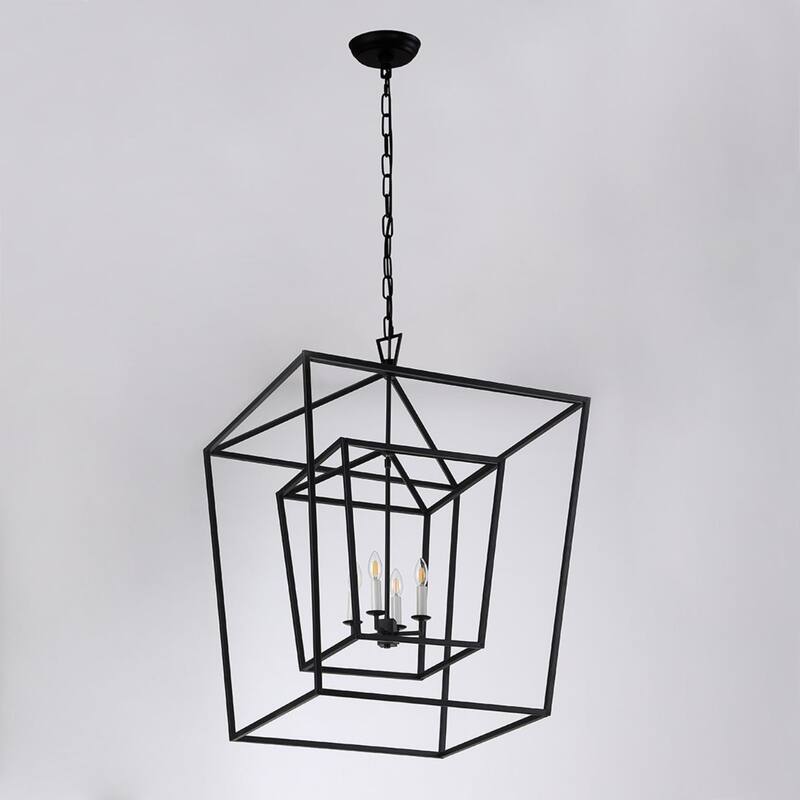 Large Open Cage Black Geometric Double Lantern Ceiling Lamp Chandelier