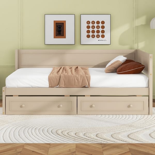slide 2 of 30, Beige Twin Wood Daybed with 2 Drawers, Guardrail, Vintage Style, No Box Spring Beige