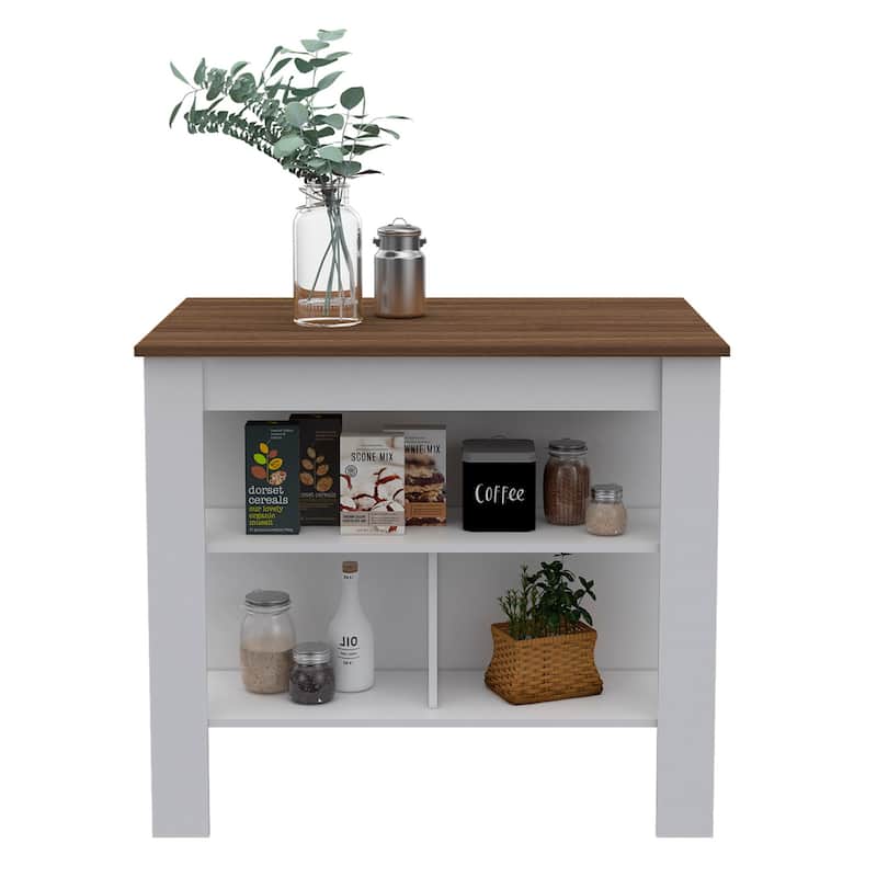 White Two-Tone Kitchen Island with Large Tabletop, Open Storage Shelves, and Comfortable Legroom Workstation